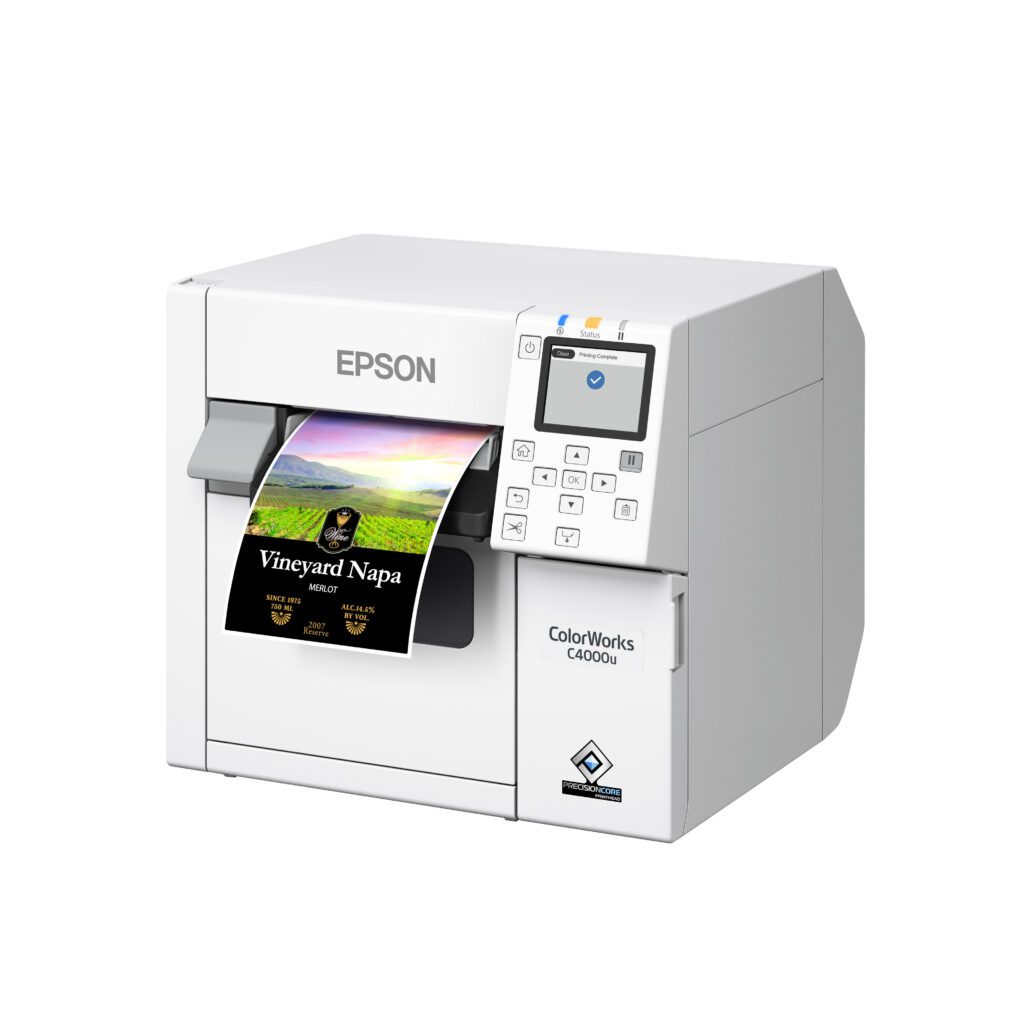 Epson CW4000 printing Napa Vineyard Merlot wine label.
