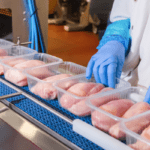 Worker packaging chicken on conveyor in food production plant.