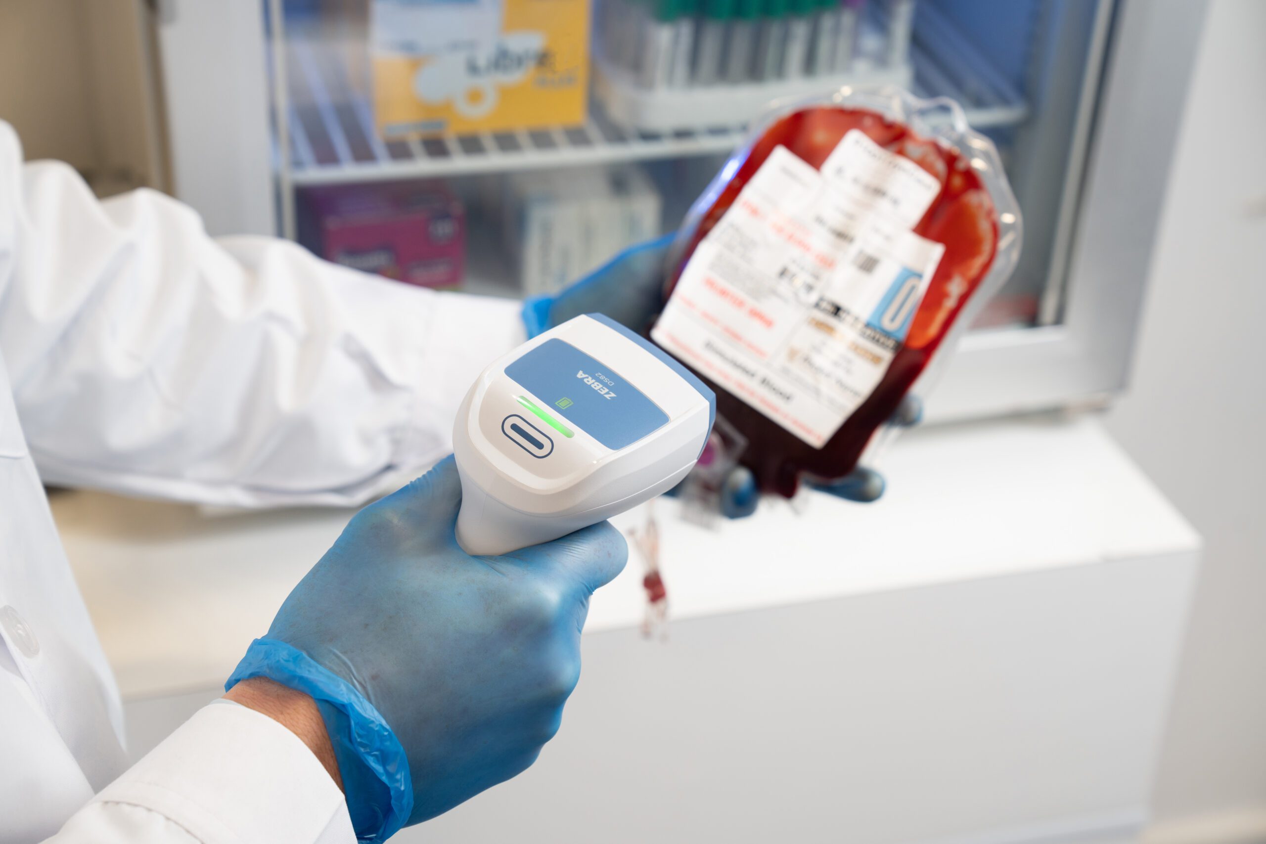 hospital barcode scanner in lab scanning blood bag